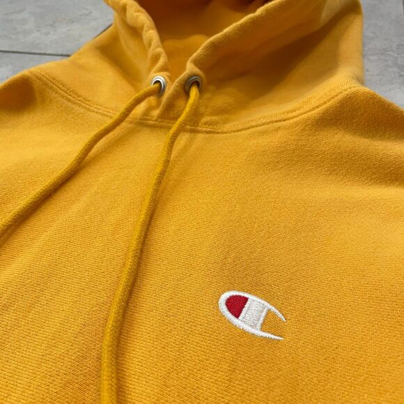 Champion Reverse Weave Yellow Hooded Sweatshirt Size M Heavy Casual Hoodie - Picture 3 of 6